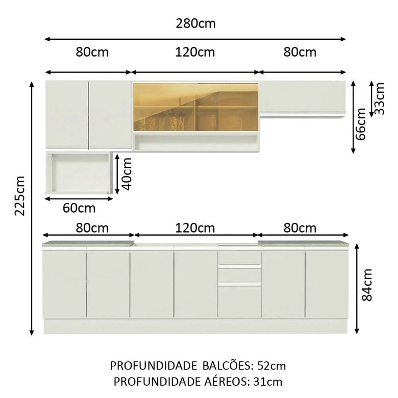 Armário de Cozinha Completa 280cm Branco Genova Madesa 04