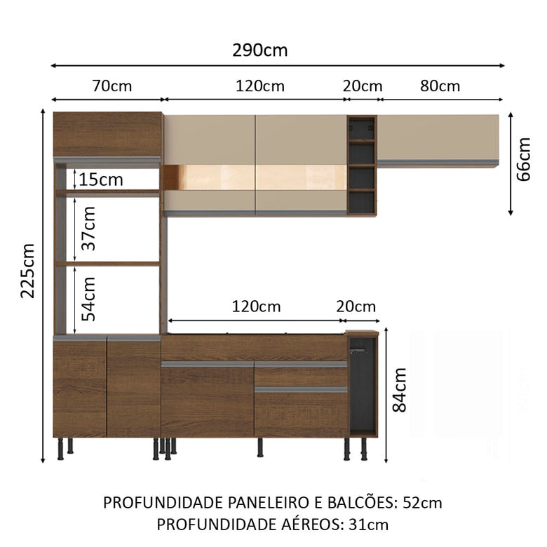 Armário de Cozinha Completa 290cm Rustic/Rustic/Crema Safira Madesa 03