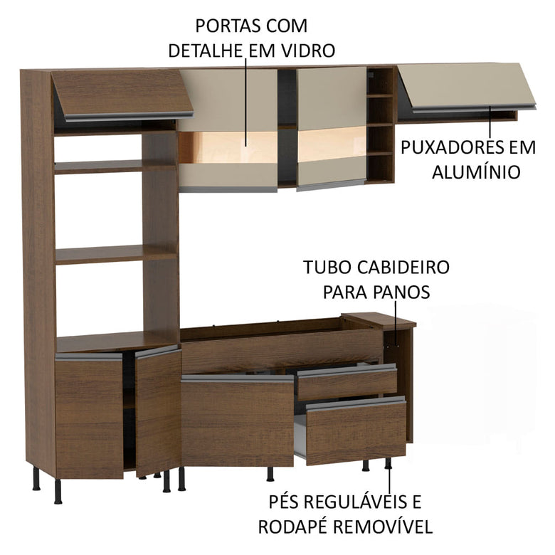 Armário de Cozinha Completa 290cm Rustic/Rustic/Crema Safira Madesa 03