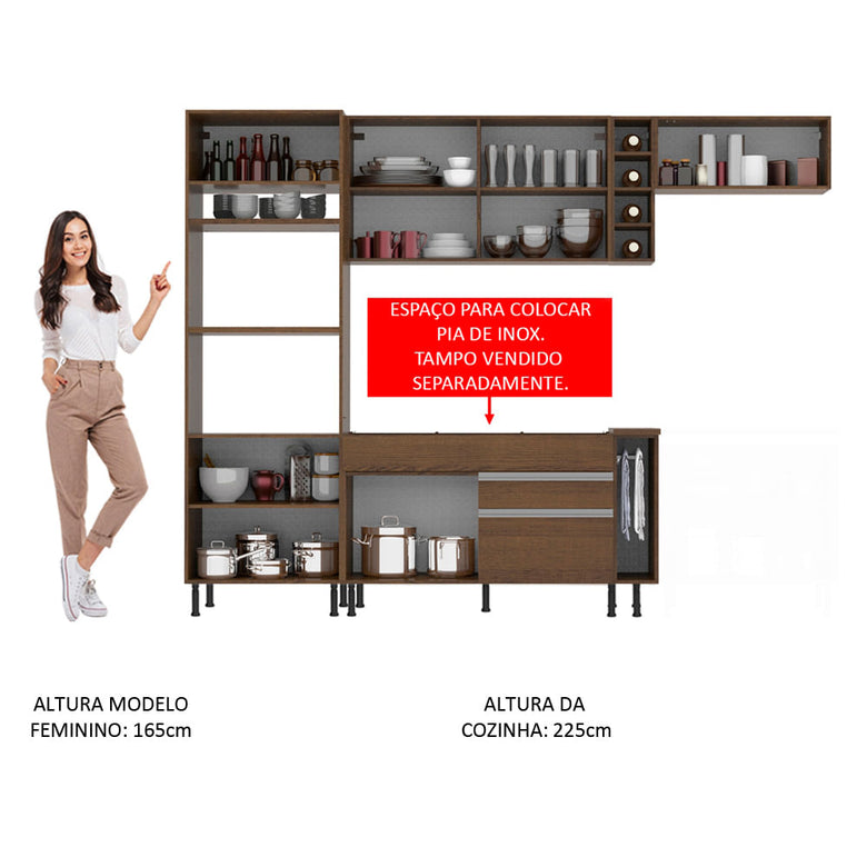 Armário de Cozinha Completa 290cm Rustic/Rustic/Crema Safira Madesa 03