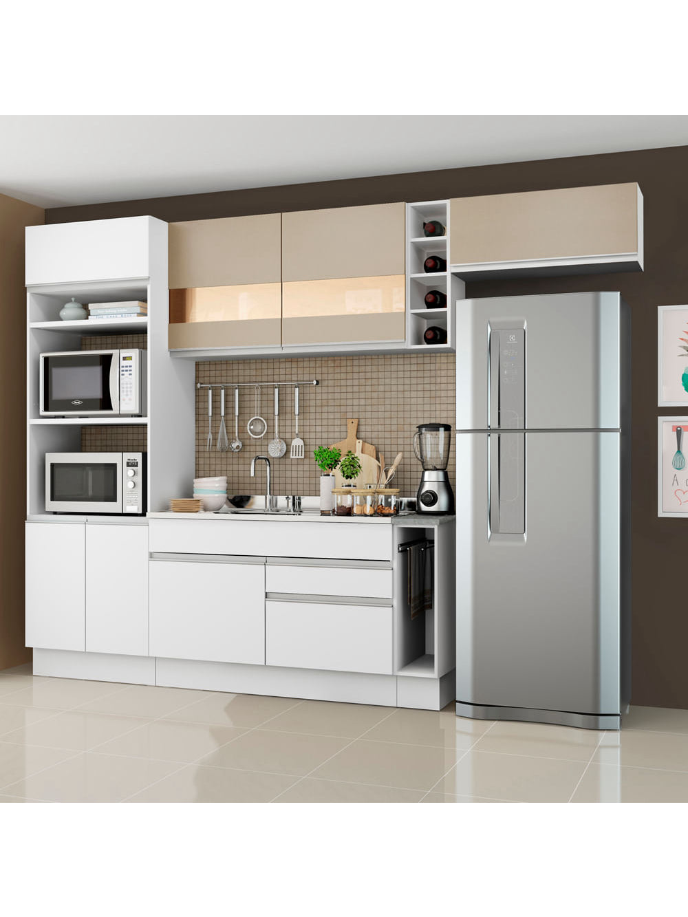 Armário de Cozinha Completa 290cm Branco/Branco/Crema Safira Madesa 03 - Branco/Branco/Crema