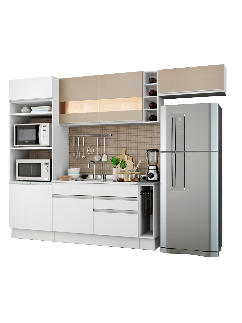 Armário de Cozinha Completa 290cm Branco/Branco/Crema Safira Madesa 03 - Branco/Branco/Crema