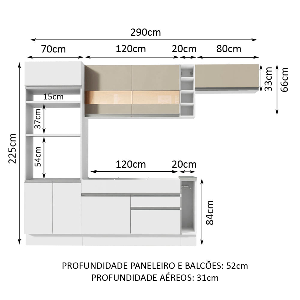 Armário de Cozinha Completa 290cm Branco/Branco/Crema Safira Madesa 03