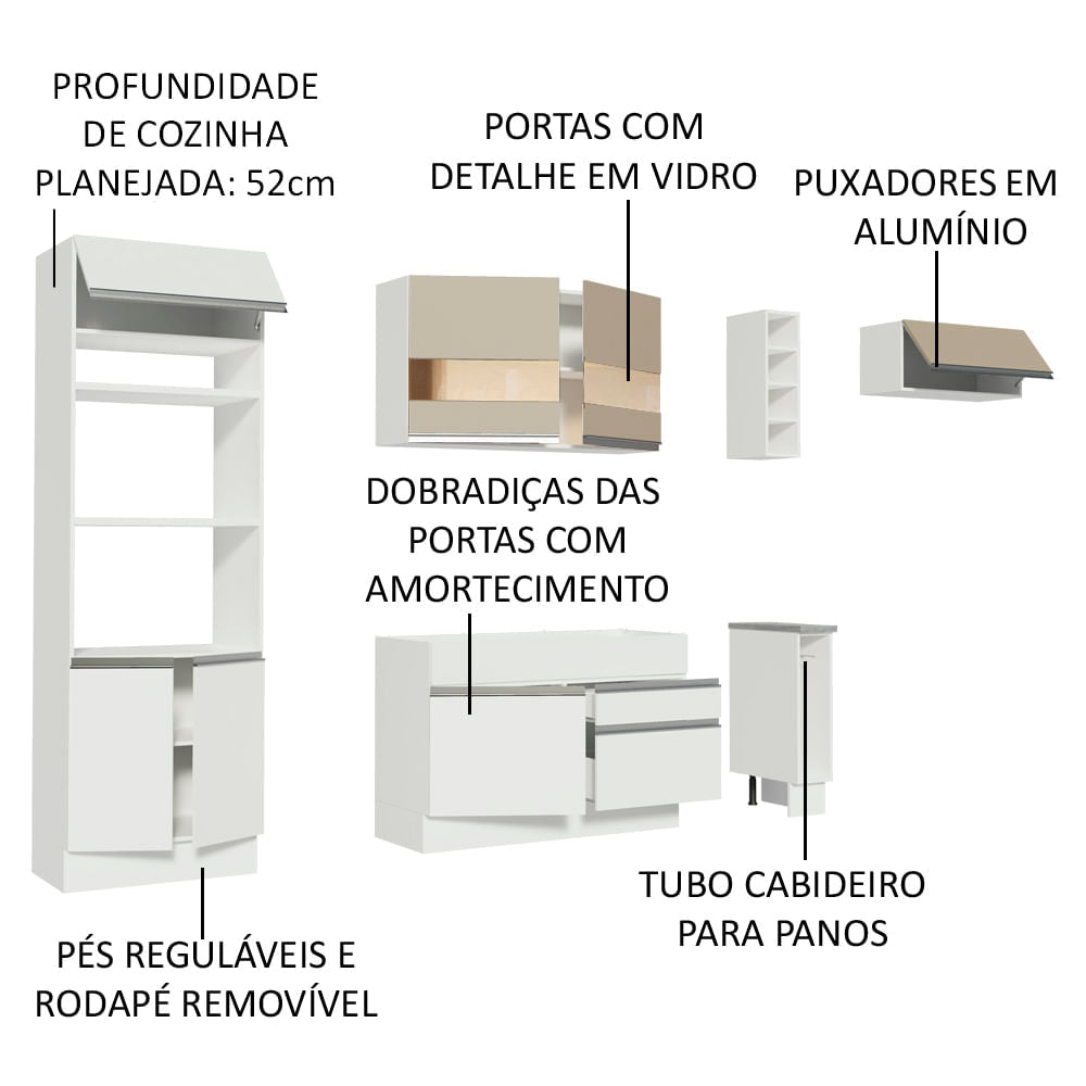 Armário de Cozinha Completa 290cm Branco/Branco/Crema Safira Madesa 03