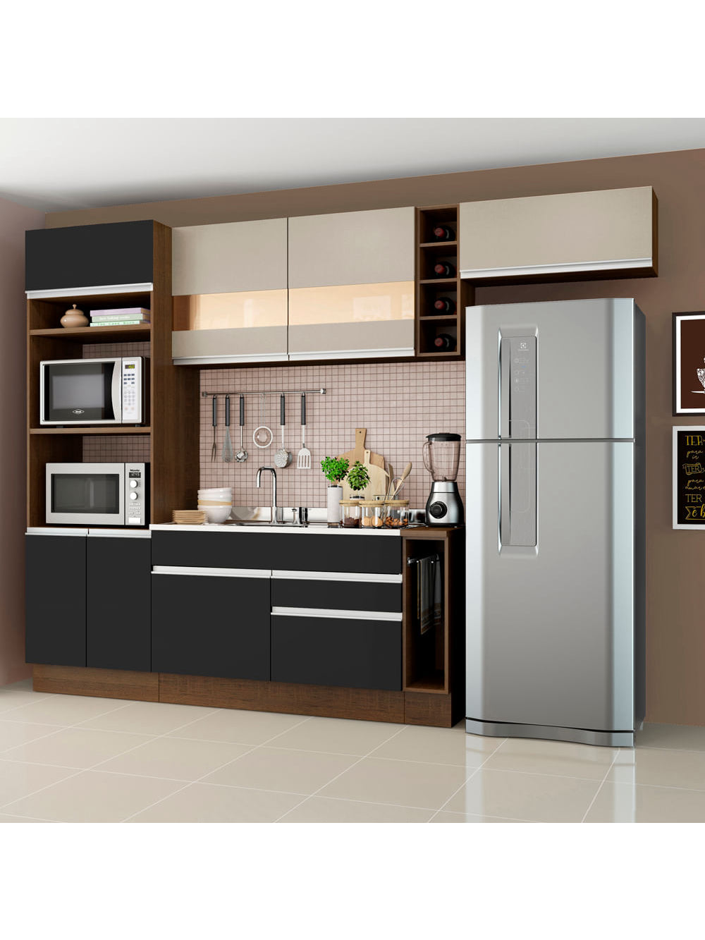 Armário de Cozinha Completa 290cm Rustic/Preto/Crema Safira Madesa 03 - Rustic/Preto/Crema