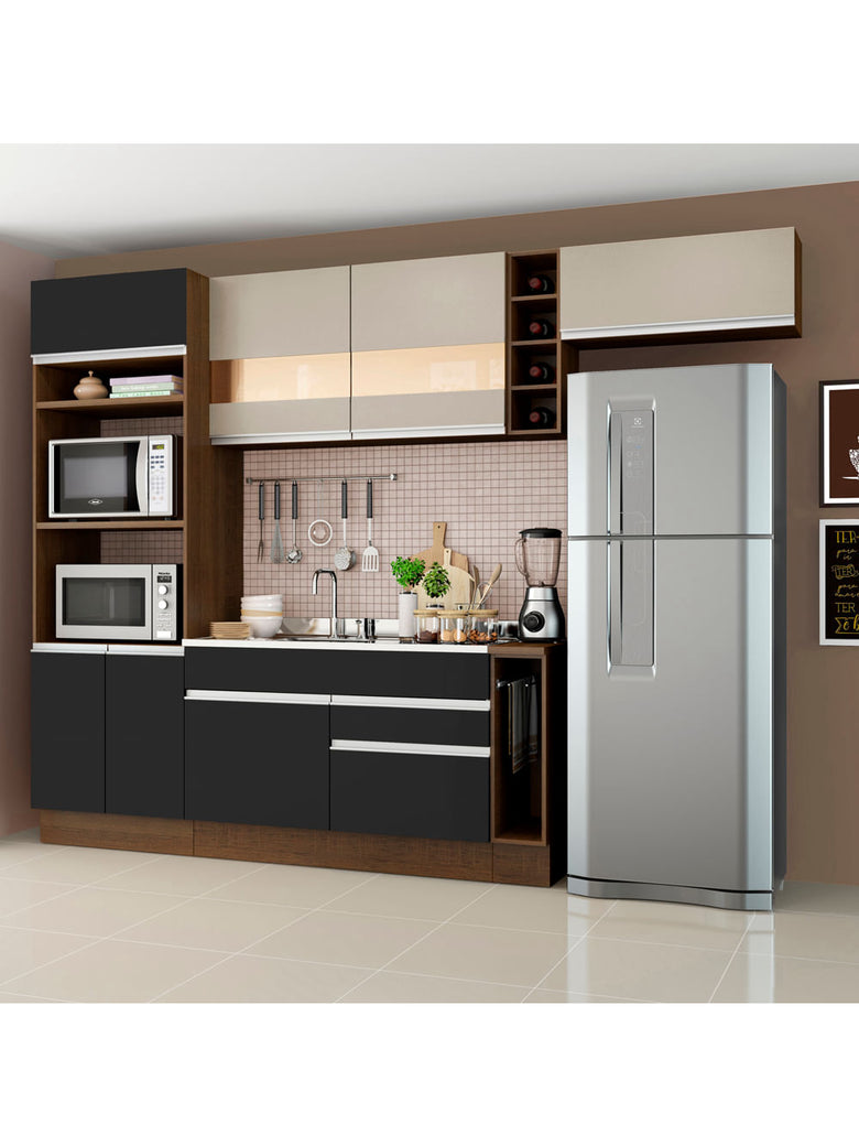 Armário de Cozinha Completa 290cm Rustic/Preto/Crema Safira Madesa 03
