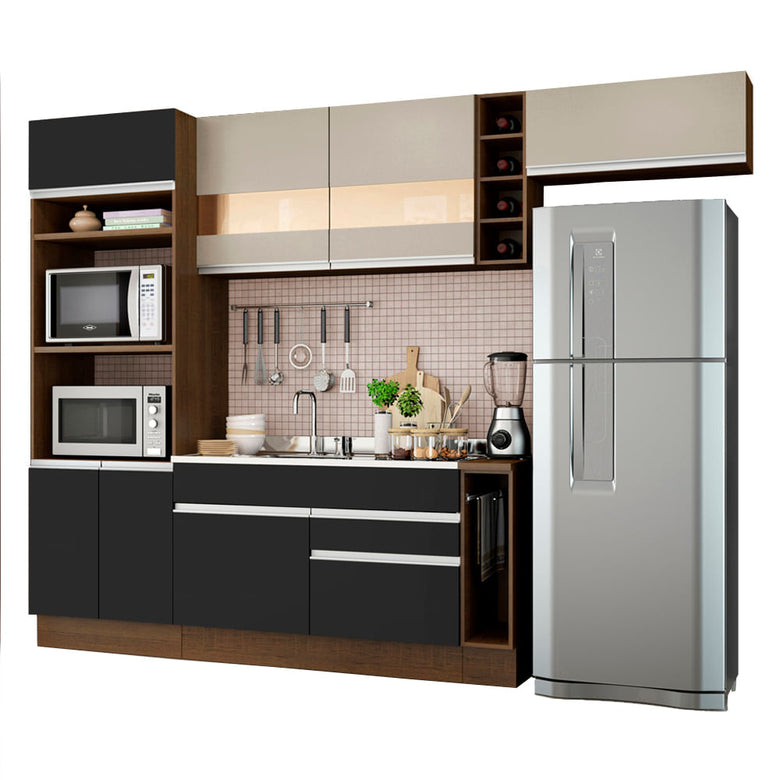 Armário de Cozinha Completa 290cm Rustic/Preto/Crema Safira Madesa 03