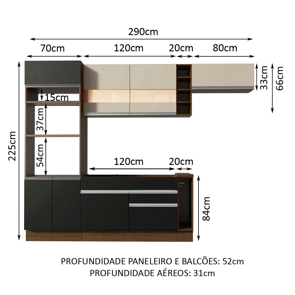 Armário de Cozinha Completa 290cm Rustic/Preto/Crema Safira Madesa 03