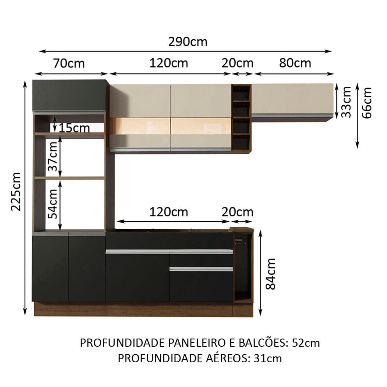 Armário de Cozinha Completa 290cm Rustic/Preto/Crema Safira Madesa 03