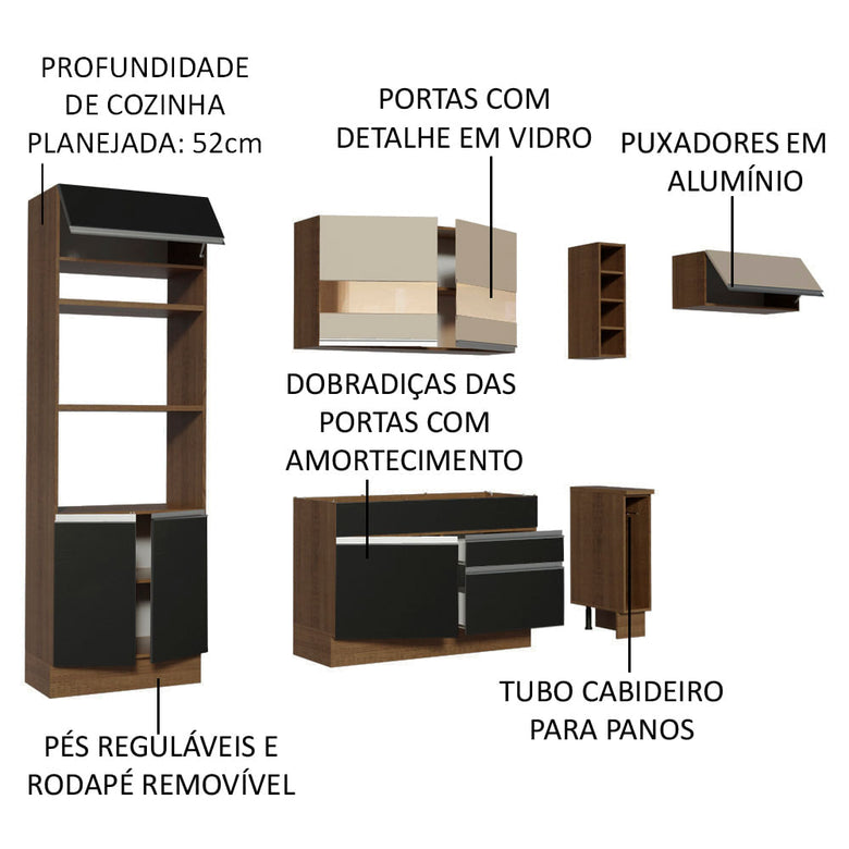 Armário de Cozinha Completa 290cm Rustic/Preto/Crema Safira Madesa 03