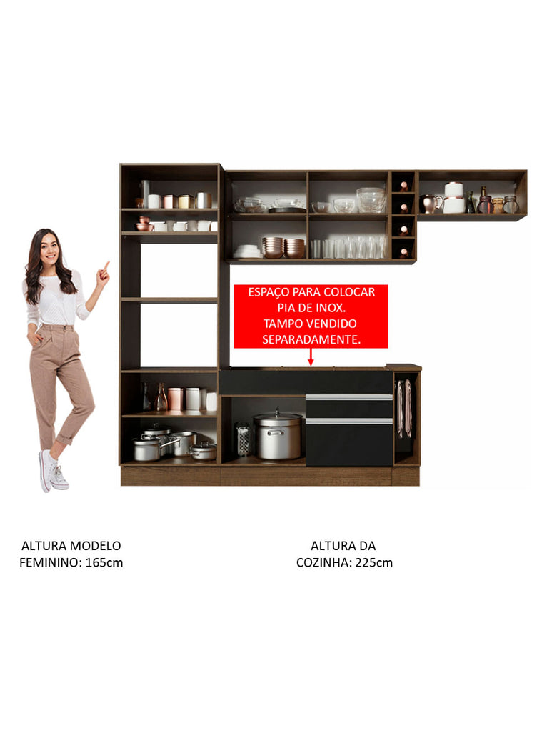 Armário de Cozinha Completa 290cm Rustic/Preto/Crema Safira Madesa 03