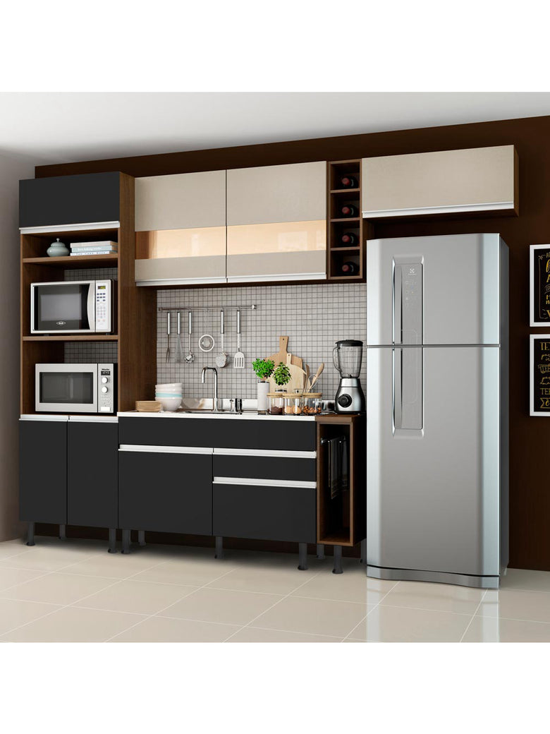 Armário de Cozinha Completa 290cm Rustic/Preto/Crema Safira Madesa 03