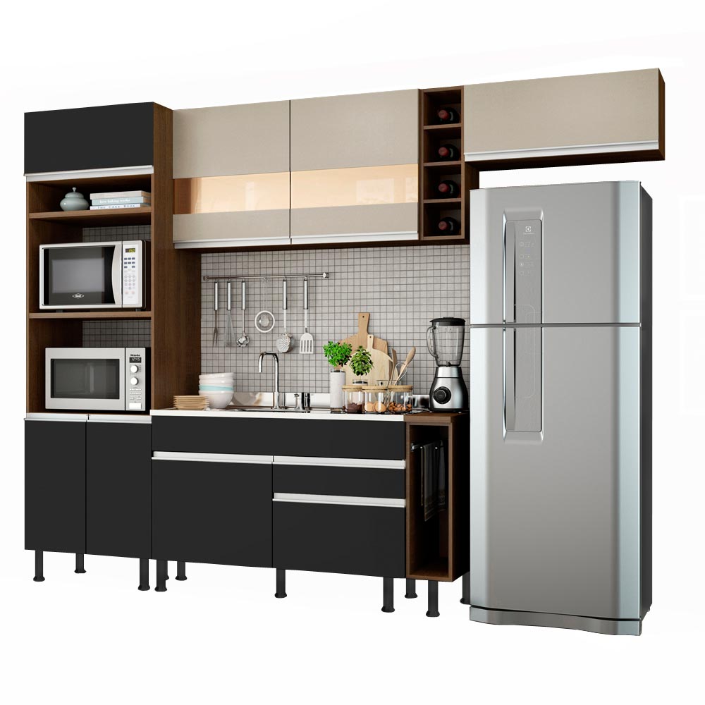 Armário de Cozinha Completa 290cm Rustic/Preto/Crema Safira Madesa 03 - Rustic/Preto/Crema