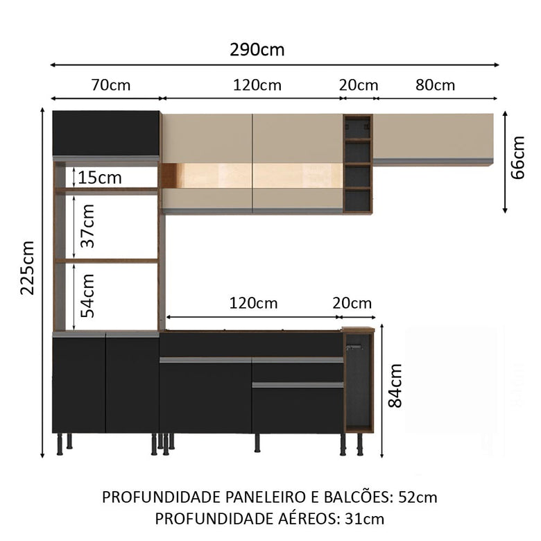Armário de Cozinha Completa 290cm Rustic/Preto/Crema Safira Madesa 03