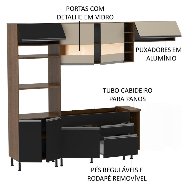 Armário de Cozinha Completa 290cm Rustic/Preto/Crema Safira Madesa 03