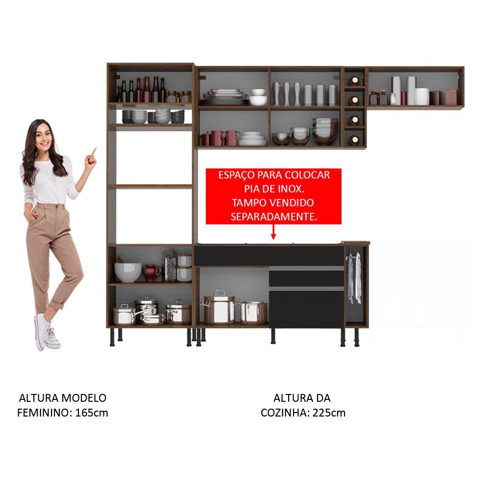 Armário de Cozinha Completa 290cm Rustic/Preto/Crema Safira Madesa 03