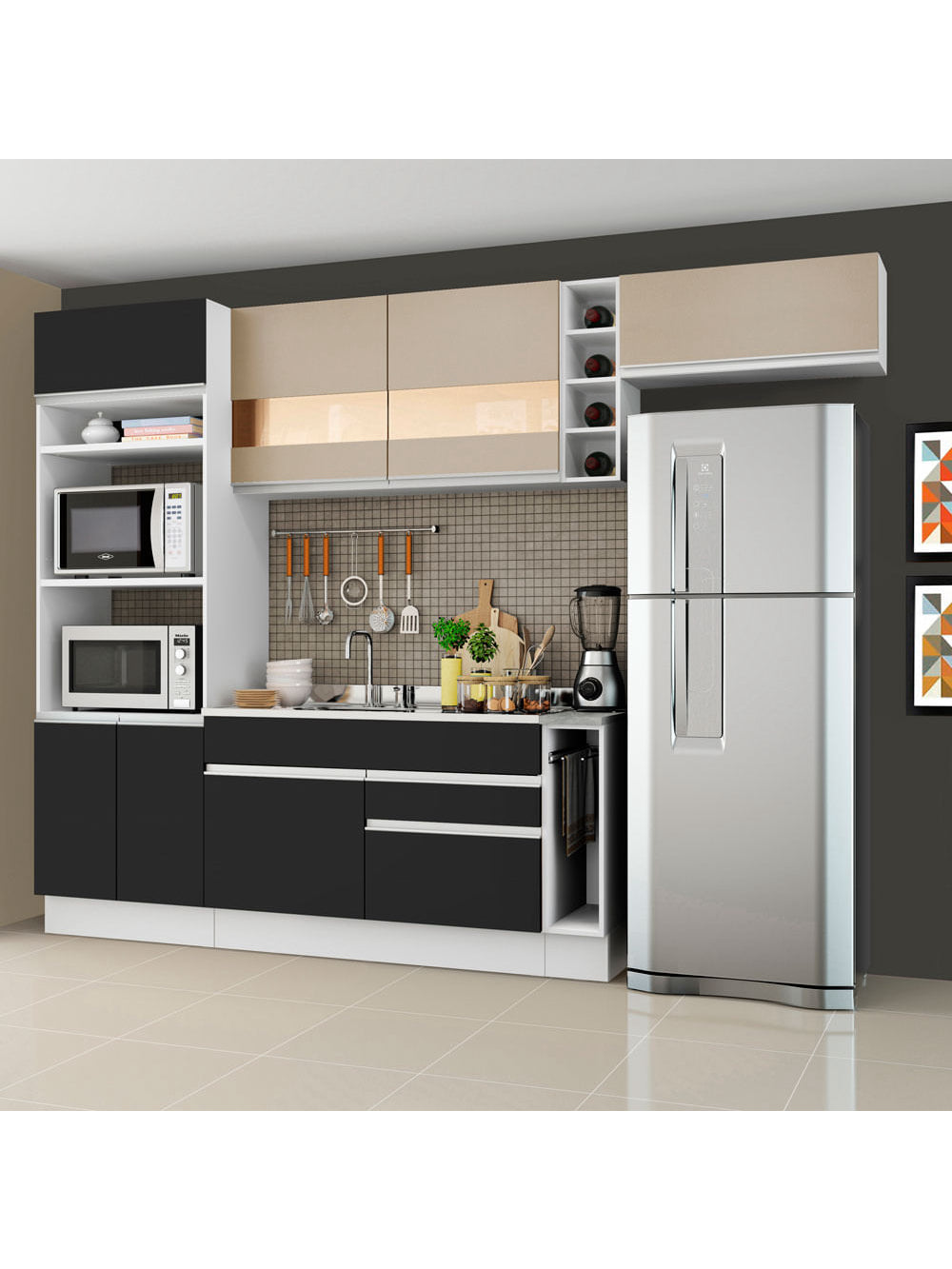 Armário de Cozinha Completa 290cm Branco/Preto/Crema Safira Madesa 03 - Branco/Preto/Crema