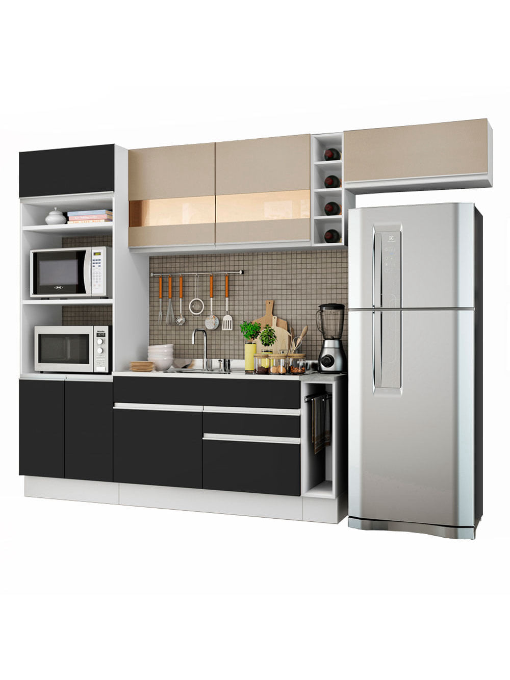 Armário de Cozinha Completa 290cm Branco/Preto/Crema Safira Madesa 03 - Branco/Preto/Crema