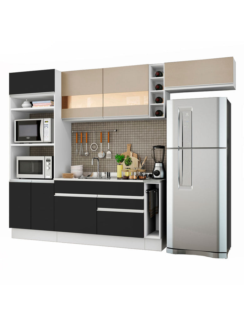 Armário de Cozinha Completa 290cm Branco/Preto/Crema Safira Madesa 03