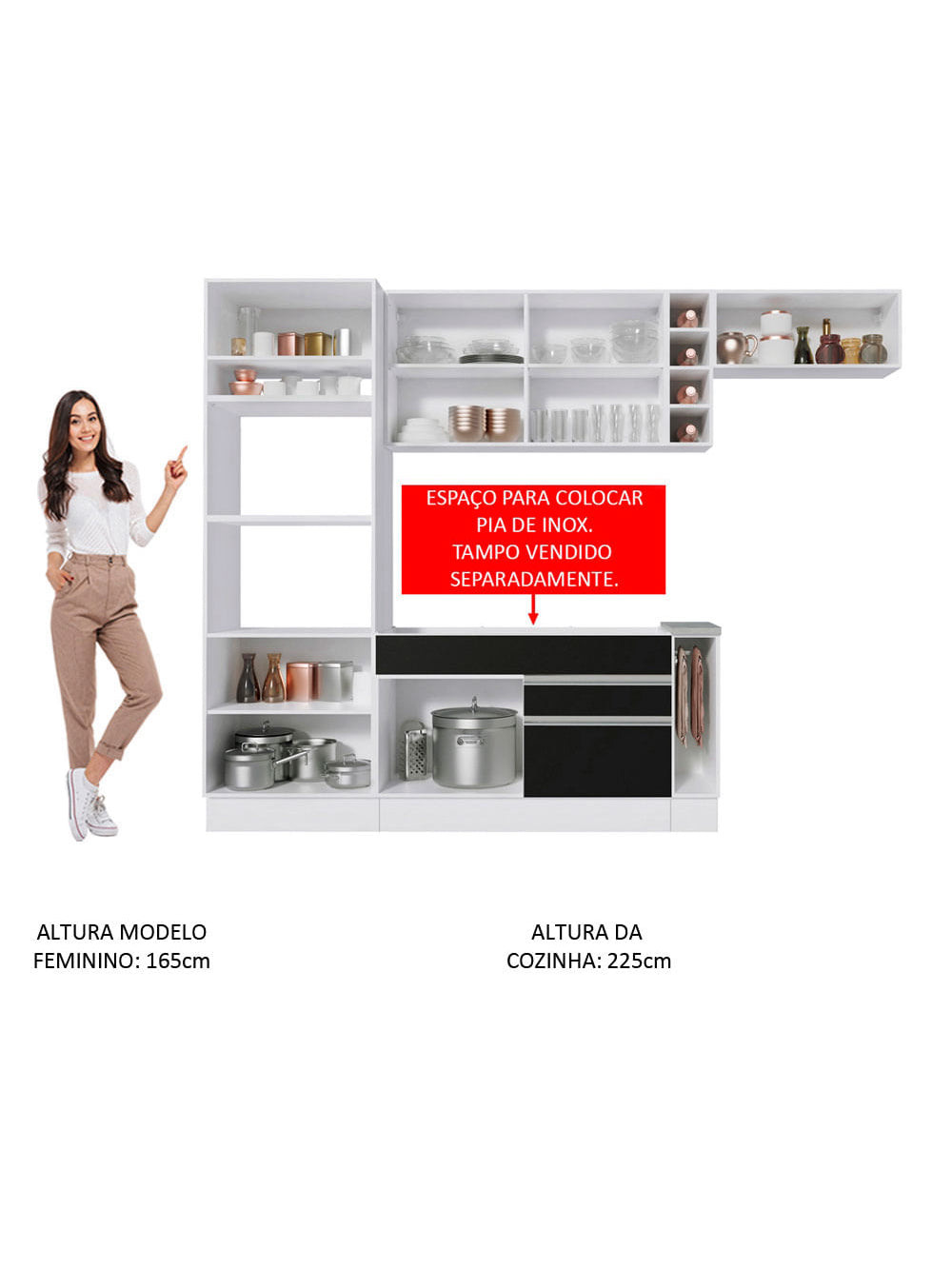 Armário de Cozinha Completa 290cm Branco/Preto/Crema Safira Madesa 03