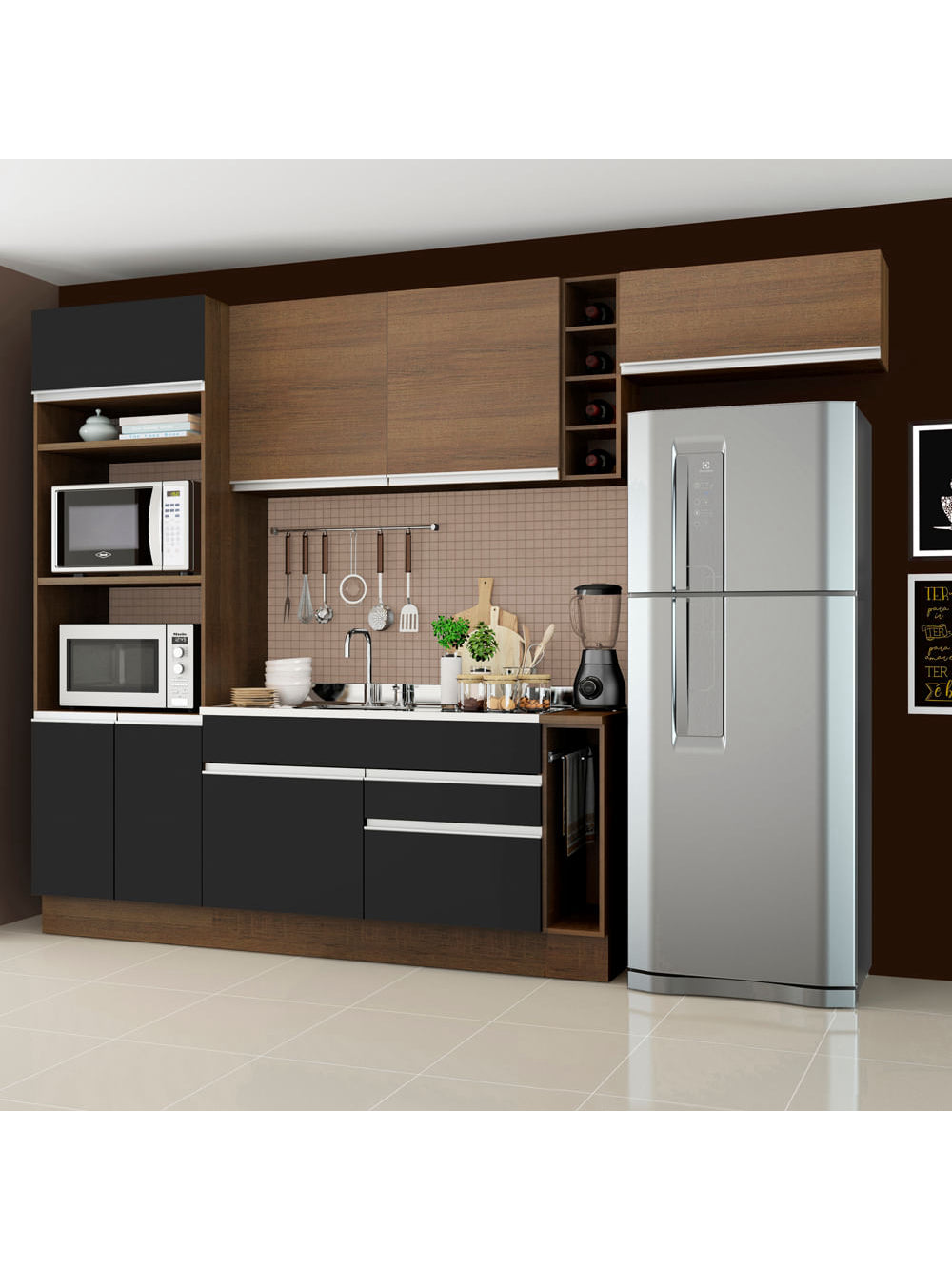 Armário de Cozinha Completa 290cm Rustic/Preto/Rustic Safira Madesa 04 - Rustic/Preto/Rustic