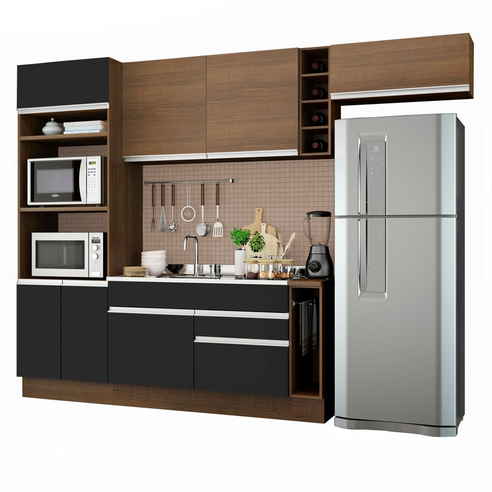 Armário de Cozinha Completa 290cm Rustic/Preto/Rustic Safira Madesa 04 - Rustic/Preto/Rustic