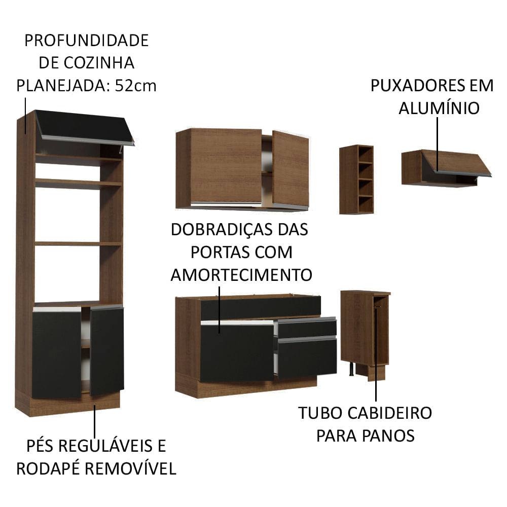 Armário de Cozinha Completa 290cm Rustic/Preto/Rustic Safira Madesa 04