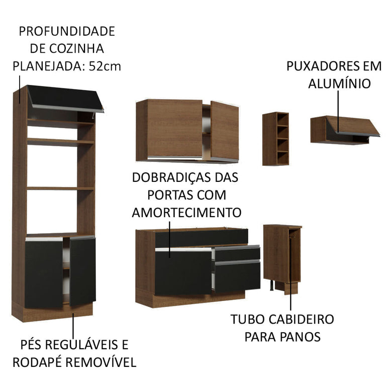 Armário de Cozinha Completa 290cm Rustic/Preto/Rustic Safira Madesa 04