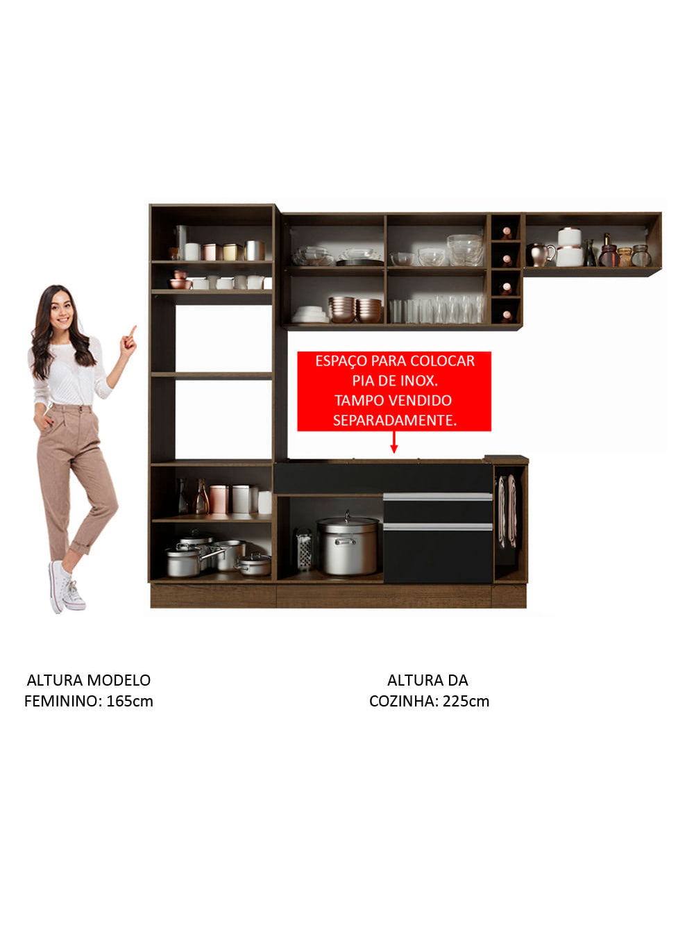 Armário de Cozinha Completa 290cm Rustic/Preto/Rustic Safira Madesa 04