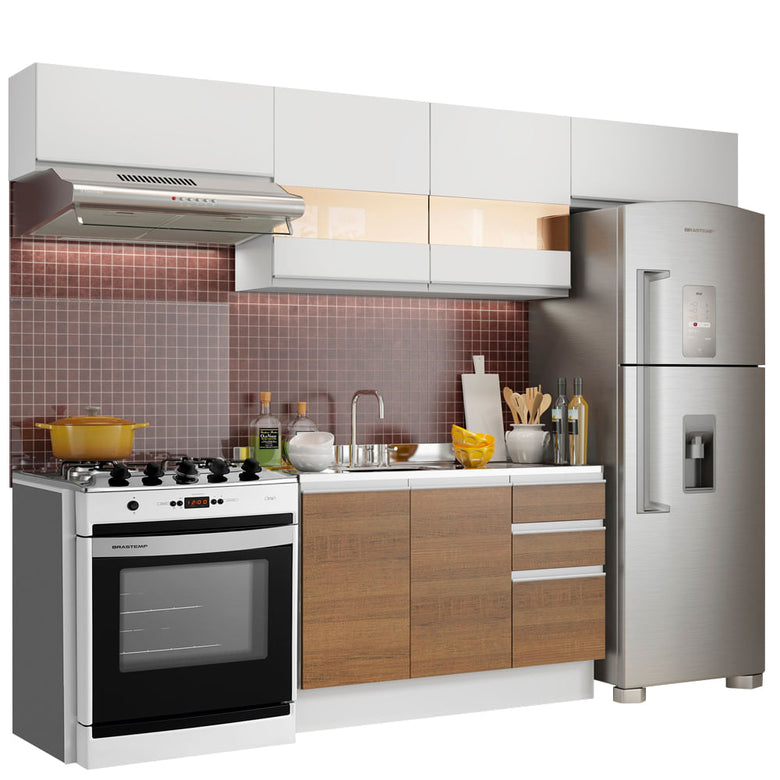 Armário de Cozinha Compacta 280cm Branco/Rustic/Branco Marina Madesa 01
