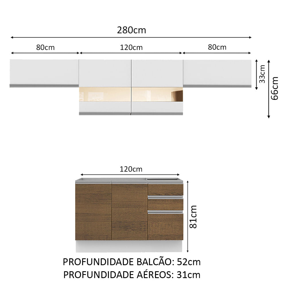Armário de Cozinha Compacta 280cm Branco/Rustic/Branco Marina Madesa 01