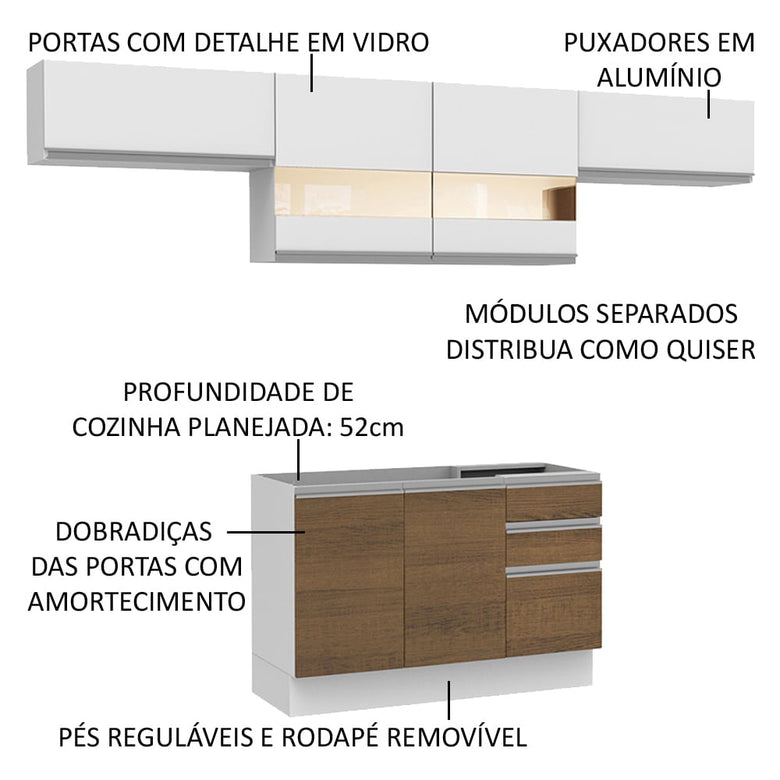 Armário de Cozinha Compacta 280cm Branco/Rustic/Branco Marina Madesa 01
