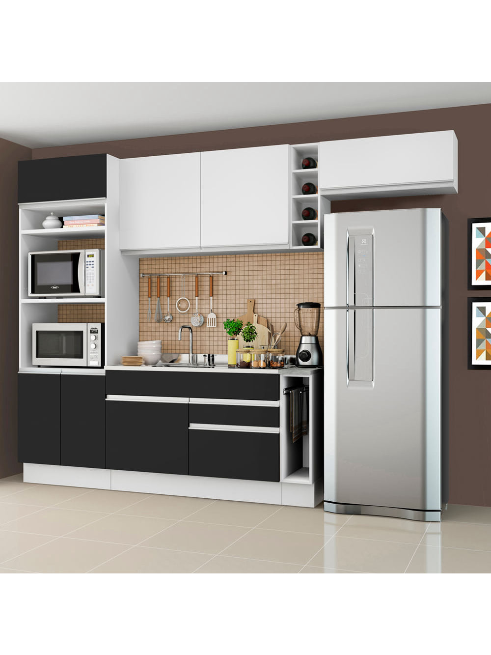 Armário de Cozinha Completa 290cm Branco/Preto/Branco Safira Madesa 04 - Branco/Preto/Branco