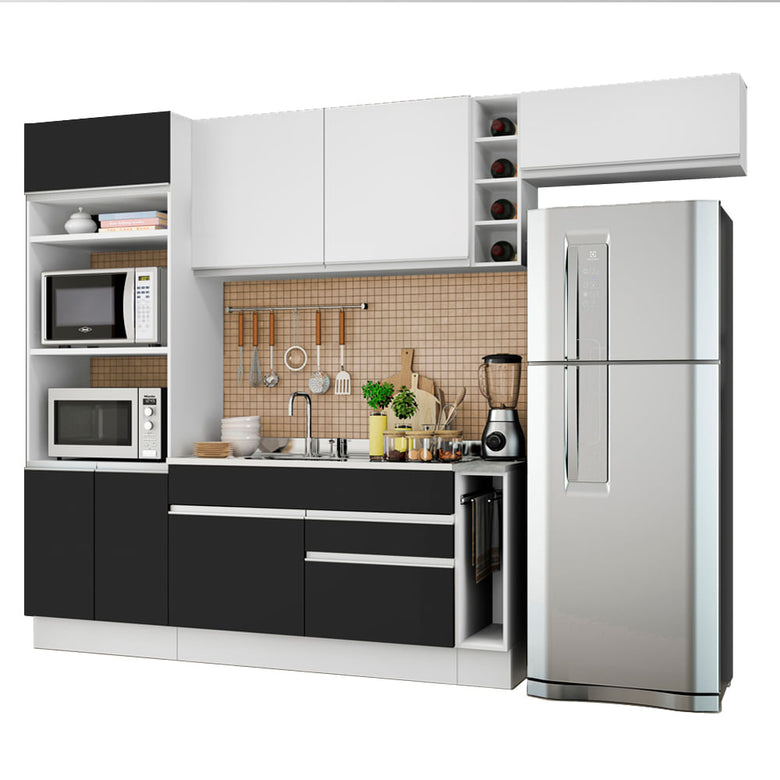 Armário de Cozinha Completa 290cm Branco/Preto/Branco Safira Madesa 04