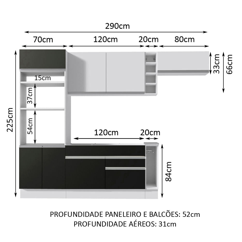 Armário de Cozinha Completa 290cm Branco/Preto/Branco Safira Madesa 04