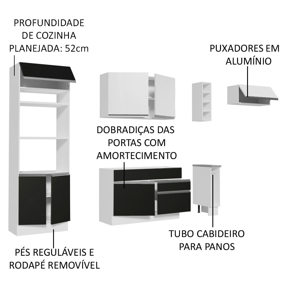 Armário de Cozinha Completa 290cm Branco/Preto/Branco Safira Madesa 04