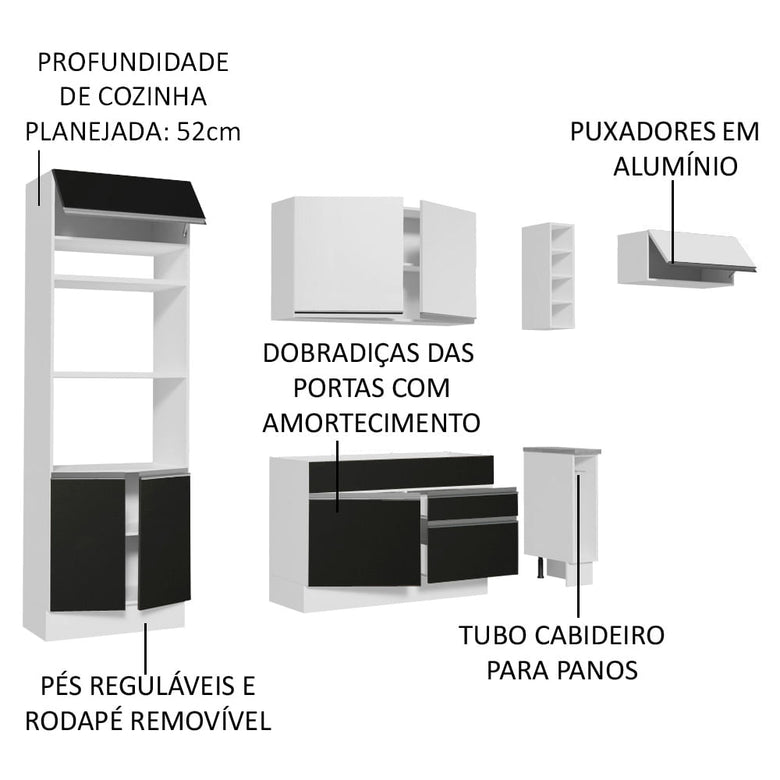 Armário de Cozinha Completa 290cm Branco/Preto/Branco Safira Madesa 04