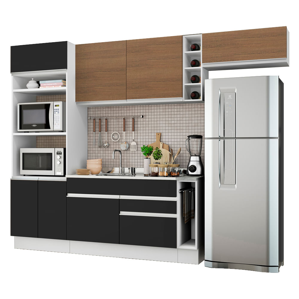 Armário de Cozinha Completa 290cm Branco/Preto/Rustic Safira Madesa 04 - Branco/Preto/Rustic