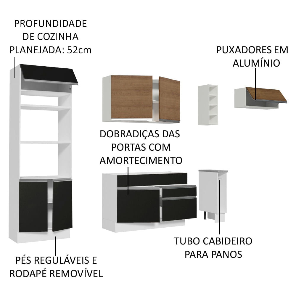 Armário de Cozinha Completa 290cm Branco/Preto/Rustic Safira Madesa 04