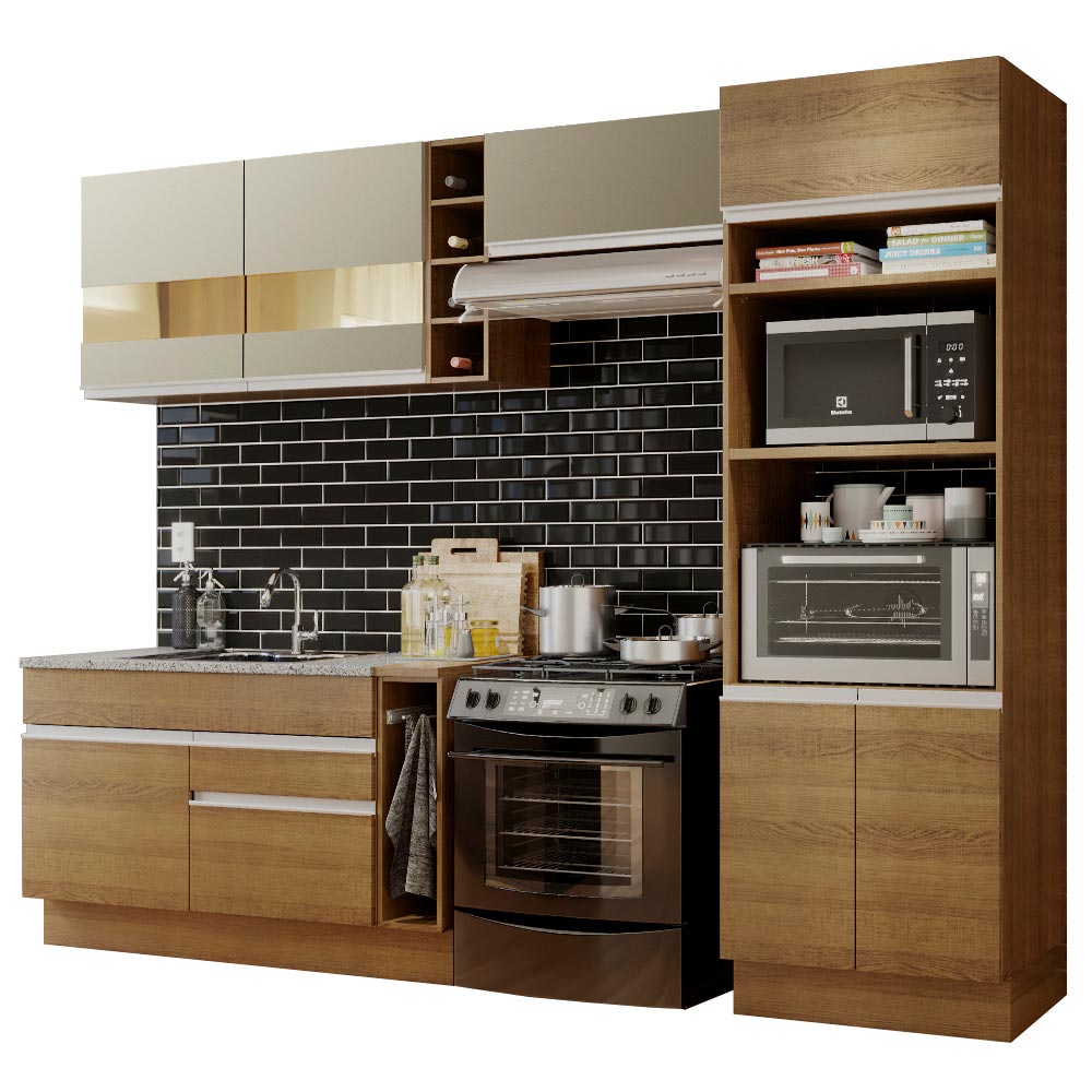 Armário de Cozinha Completa 290cm Rustic/Rustic/Crema Cristal Madesa 09 - Rustic/Rustic/Crema