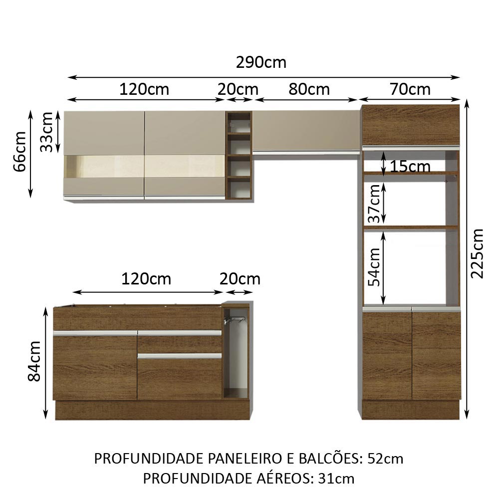 Armário de Cozinha Completa 290cm Rustic/Rustic/Crema Cristal Madesa 09