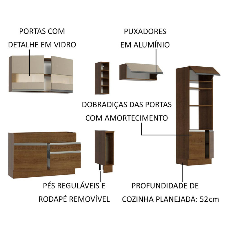 Armário de Cozinha Completa 290cm Rustic/Rustic/Crema Cristal Madesa 09