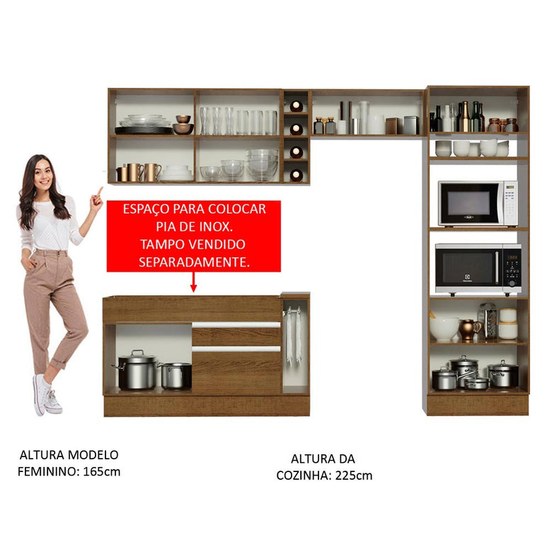 Armário de Cozinha Completa 290cm Rustic/Rustic/Crema Cristal Madesa 09