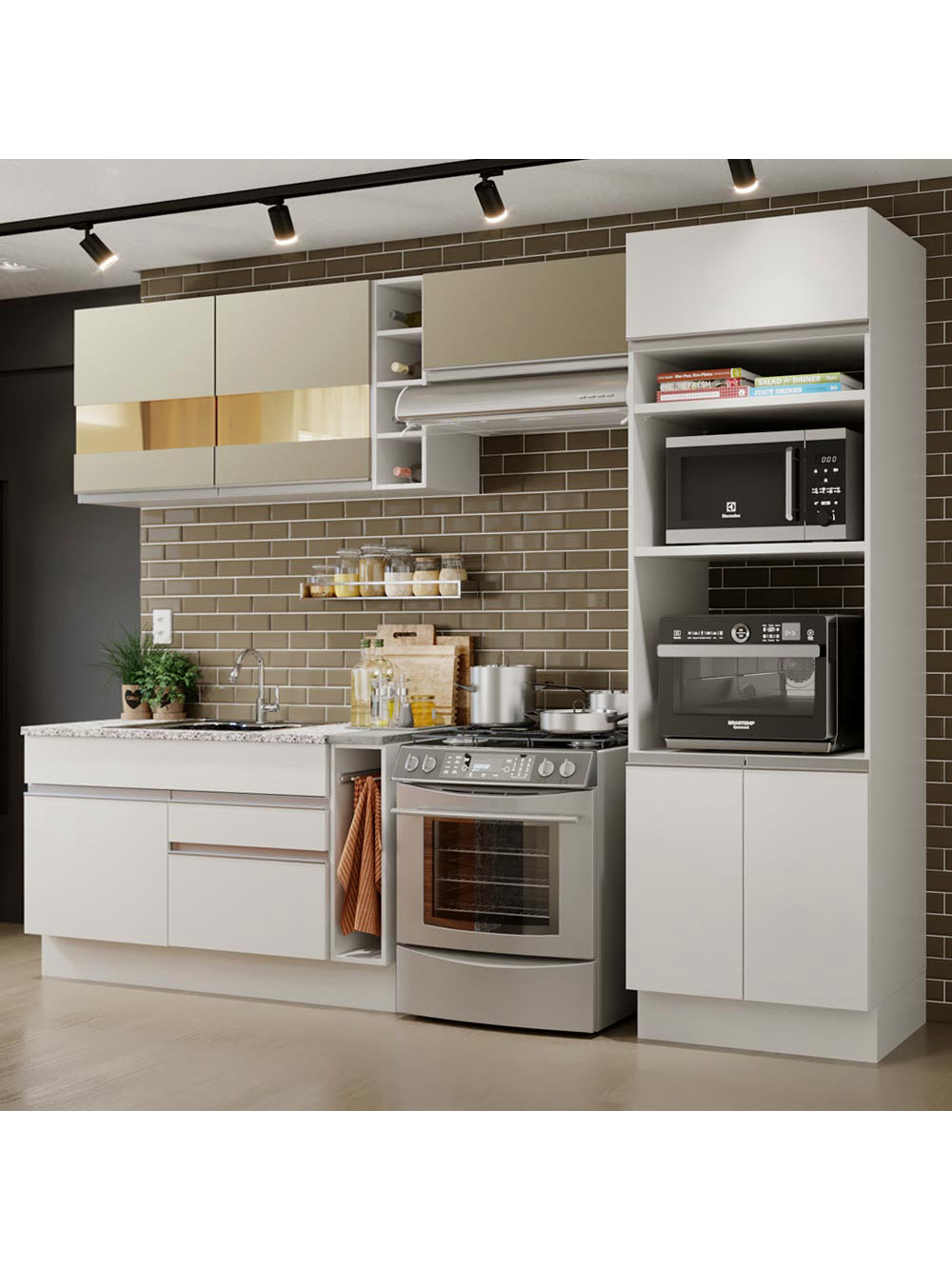 Armário de Cozinha Completa 290cm Branco/Branco/Crema Cristal Madesa 09 - Branco/Branco/Crema