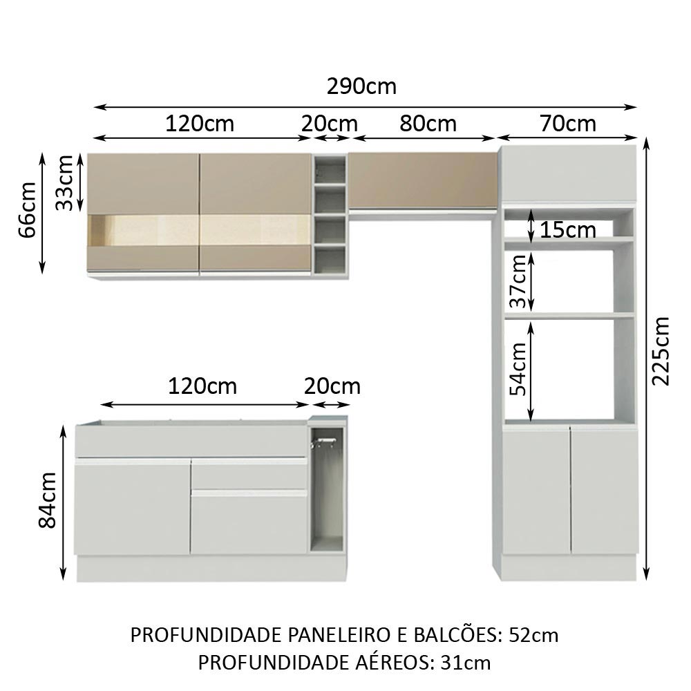 Armário de Cozinha Completa 290cm Branco/Branco/Crema Cristal Madesa 09