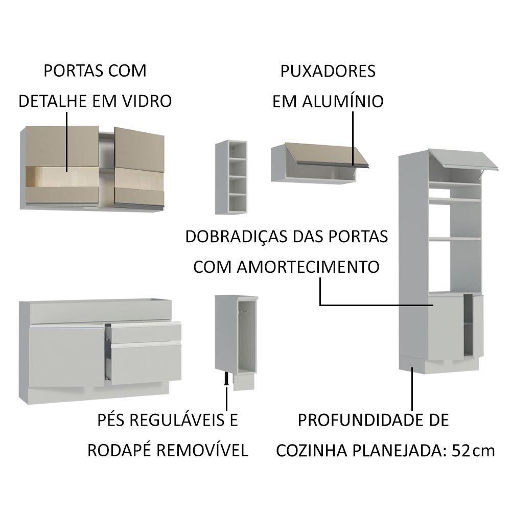 Armário de Cozinha Completa 290cm Branco/Branco/Crema Cristal Madesa 09