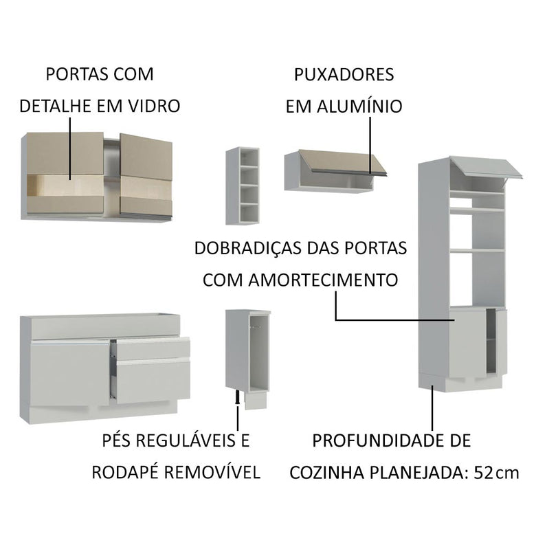 Armário de Cozinha Completa 290cm Branco/Branco/Crema Cristal Madesa 09