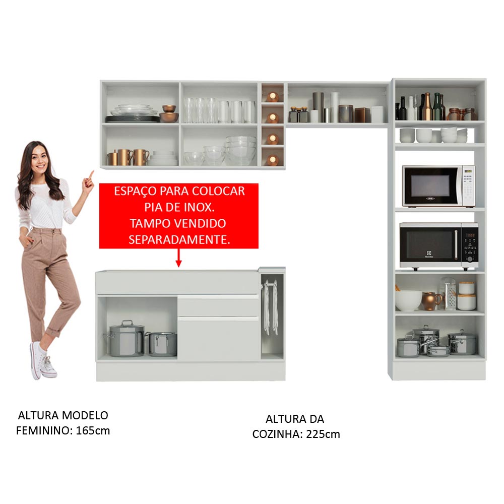 Armário de Cozinha Completa 290cm Branco/Branco/Crema Cristal Madesa 09