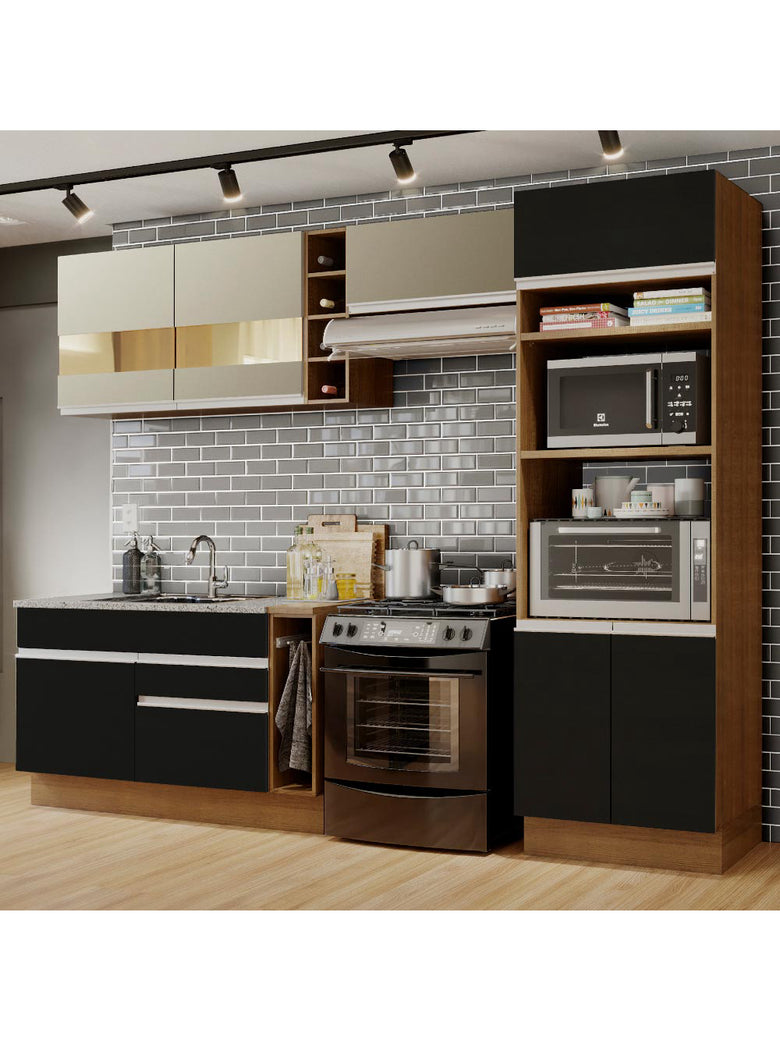Armário de Cozinha Completa 290cm Rustic/Preto/Crema Cristal Madesa 09