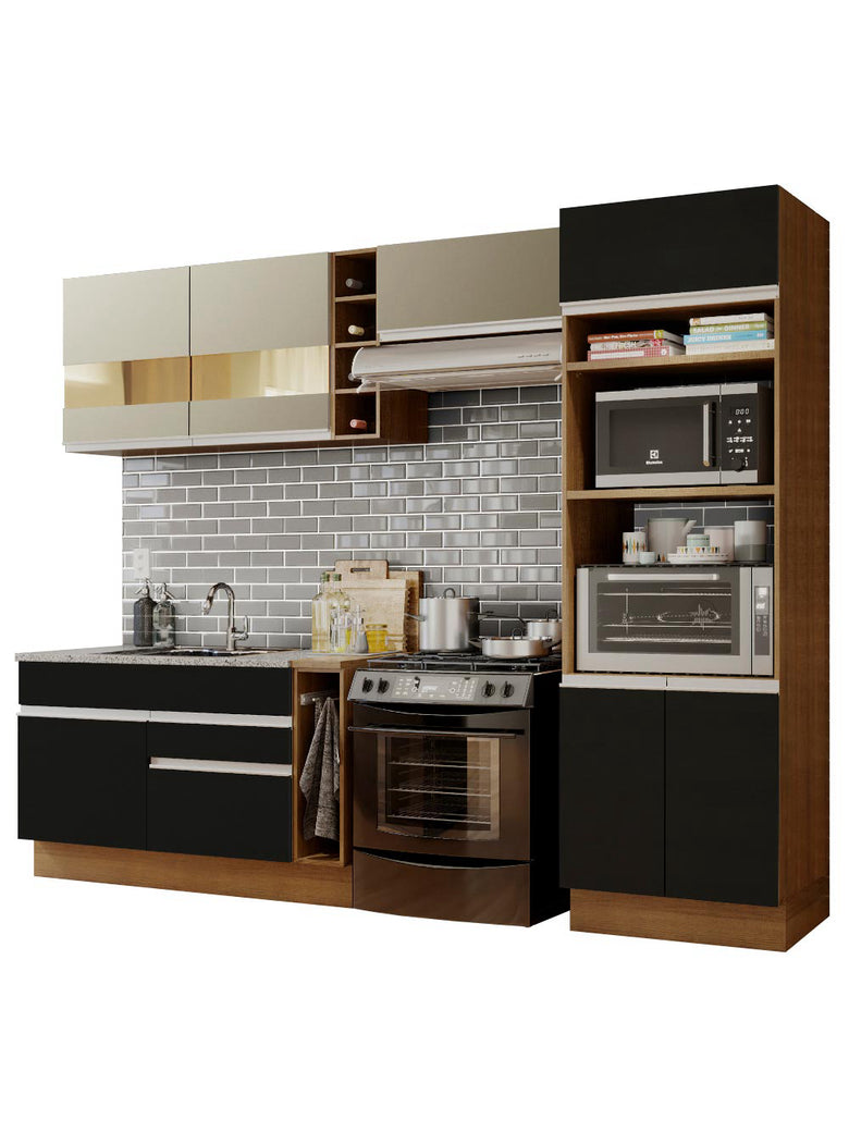 Armário de Cozinha Completa 290cm Rustic/Preto/Crema Cristal Madesa 09